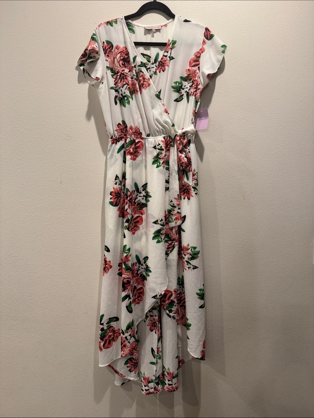Floral Wrap high low Dress in White with Pink Roses